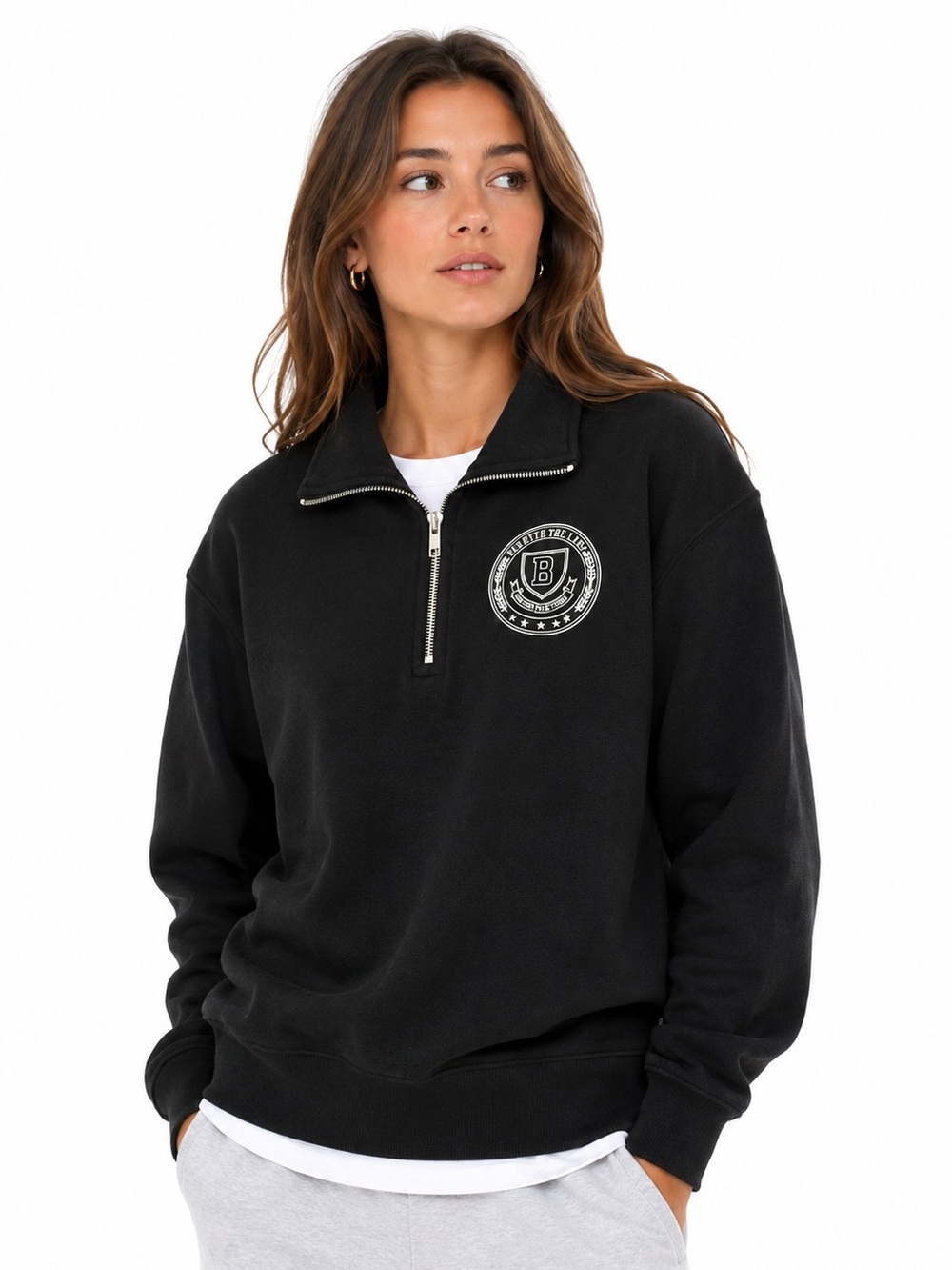 Brunette The Label Crest Stepsis 1/2 Zip Mock Neck Pullover Small Black